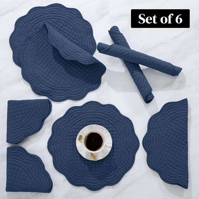 HOMBYS Quilted Placemats Set of 6 Washable Round Placemats for Kitchen Table-100% Cotton Fabric 13 Inch Round Table Mats, Cotton Fabric with Microfiber Filling, (13"x13", Sapphire Blue)