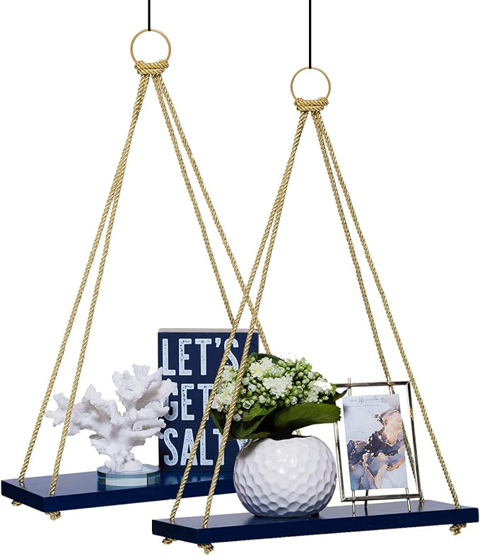 APRELEE Boho Wall Hanging Shelf with Jute Rope – Set of 2, Paulownia Wood Hanging Shelf for Plants, Wall, Living Room, Nursery & Bedroom
