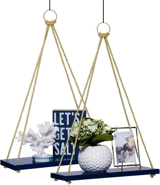 APRELEE Boho Wall Hanging Shelf with Jute Rope – Set of 2, Paulownia Wood Hanging Shelf for Plants, Wall, Living Room, Nursery & Bedroom