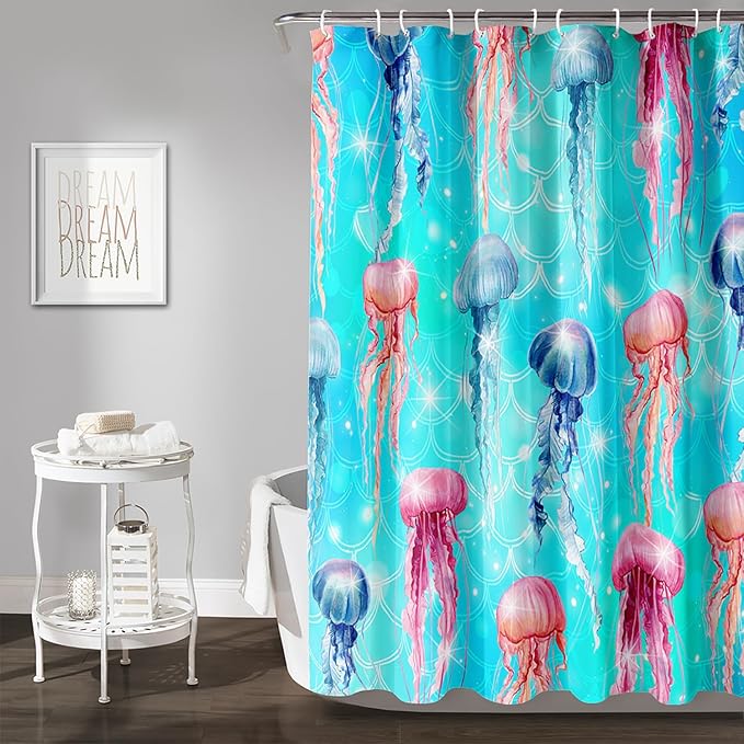 AILONEN Jellyfish Shower Curtain for Bathroom, Ocean Mermaid Scale Printed Bath Curtain,Modern Minimalist Blue Waterproof Fabric Shower Curtain Set with Hooks 72" W*84" H
