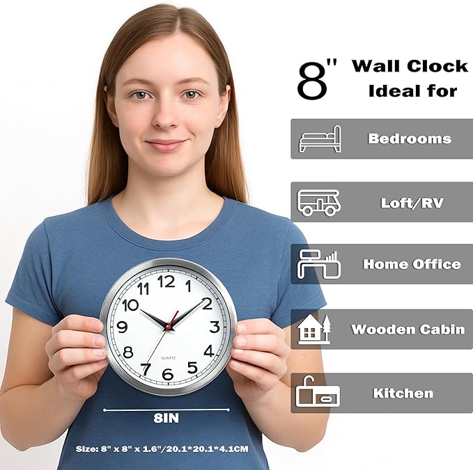 AYRELY® Wall Clock – 8 Inch Metal Decorative Modern Analog Clock, Silent Non-Ticking Battery Operated Small Classic Wall Clocks for Kitchen, Living Room, Bedroom, Office, Bathroom（Classic-8in）