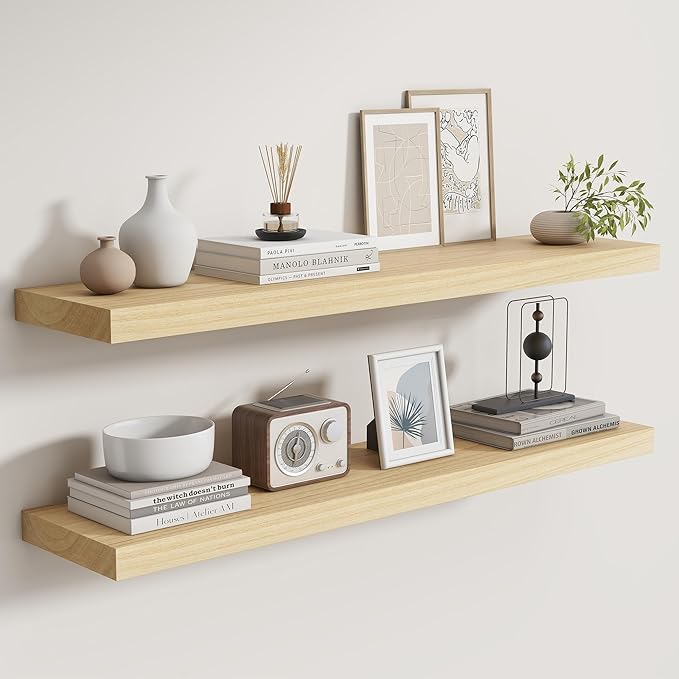 Fun Memories Rustic Real Wood Floating Shelves, 8 Inch Deep Floating Shelf Wall Mounted, 36" W x 8" D Wall Shelves Storage Shelves for Living Room, Bedroom, Bathroom, Natural Finish, Set of 2