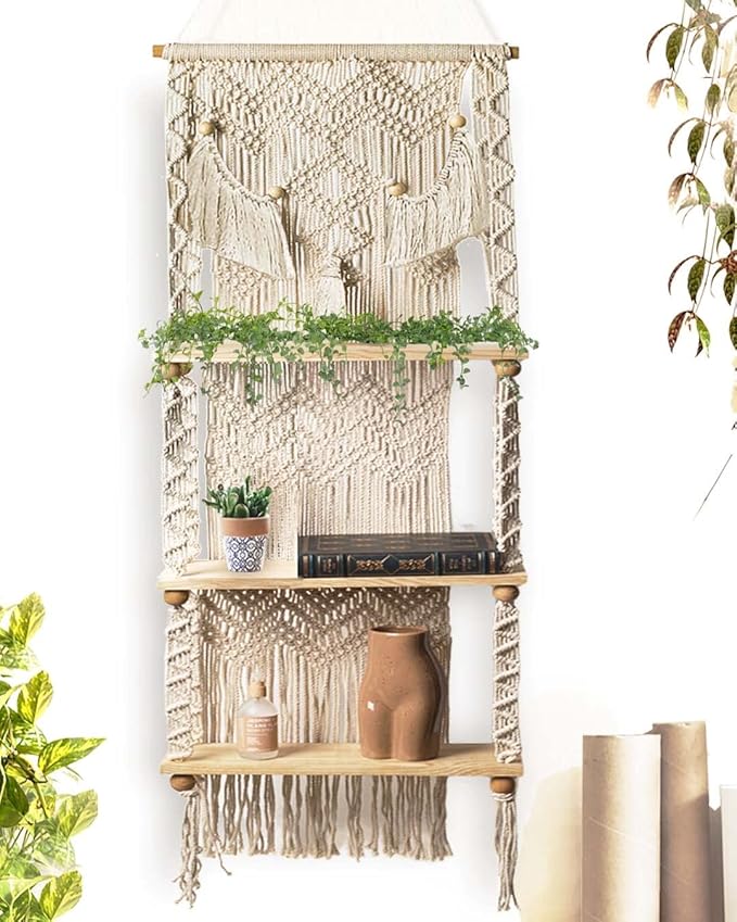 LIVALAYA 3 Tier Macrame Wall Hanging Shelf for Boho Hanging Wall Decor Shelves for Bedroom Bathroom, Nursery Bohemian Shelf for Cute Indoor Plants, Farmhouse Woven Rope Picture Holders