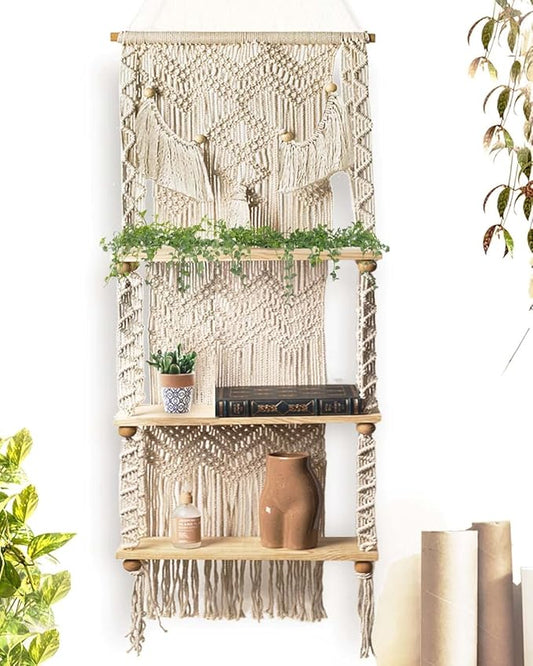 LIVALAYA 3 Tier Macrame Wall Hanging Shelf for Boho Hanging Wall Decor Shelves for Bedroom Bathroom, Nursery Bohemian Shelf for Cute Indoor Plants, Farmhouse Woven Rope Picture Holders