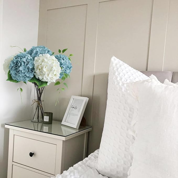 Grey Blue Large Lifelike Silk Artificial Hydrangeas, 5Pcs 20Inch Full Fake Flowers for Bouquet Table Centerpieces Wedding Indoor Home Outdoor Baby Showers Decoration