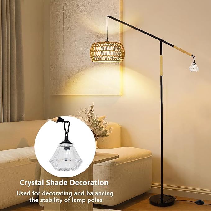 Arc Floor Lamps for Living Room, Rattan Floor Lamp with Remote, Boho Standing Lamp with Crystal Hanging Decor, Adjustable Arm Stand Up Lamp, Dimmable Tall Light for Bedroom Over Couch (Bulb Included)