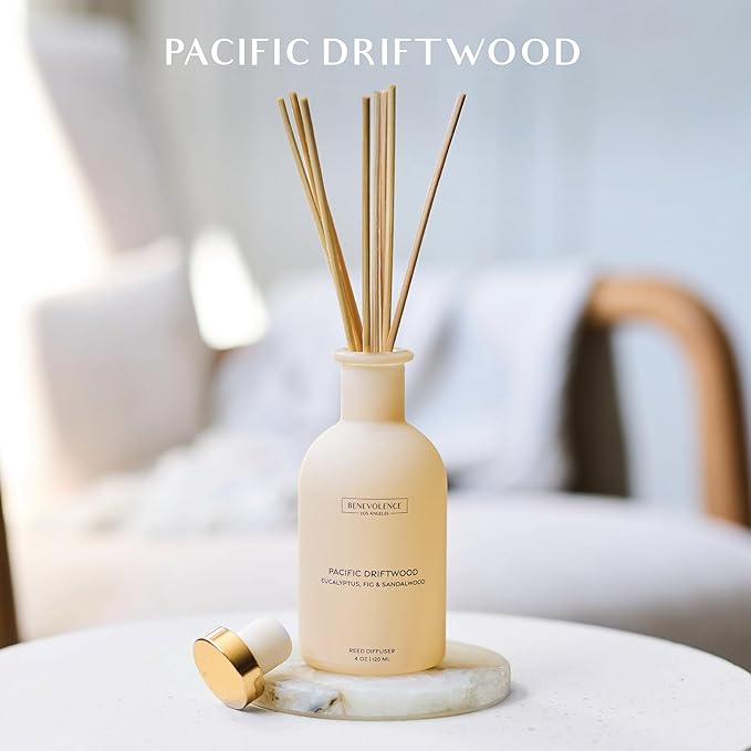 Benevolence LA Reed Diffuser for Home | Eucalyptus, Fig & Sandalwood | Elegant Home & Bathroom Decor | Fragrance Diffuser with Sticks for Bathroom - Malibu Sands Collection