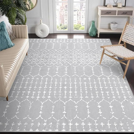 Lahome Moroccan Machine Washable Rugs - 5x7 Area Rugs for Living Room Soft Non-Slip Throw Indoor Grey Rug, Modern Geometric Print Low-Pile Floor Carpet for Bedroom Under Dining Table Home Office