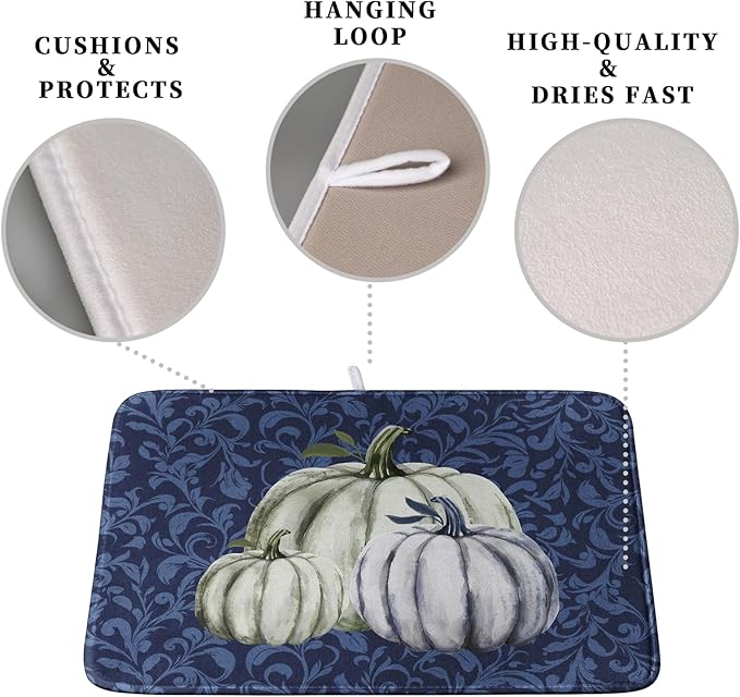 Autumn Dish Drying Mat Fall Navy Blue White Pumpkin Dish Pad for Kitchen Counter 18x24 Microfiber Absorbent Thanksgiving Dish Draining Mat Reusable Washable Dish Drainer Rack Mat