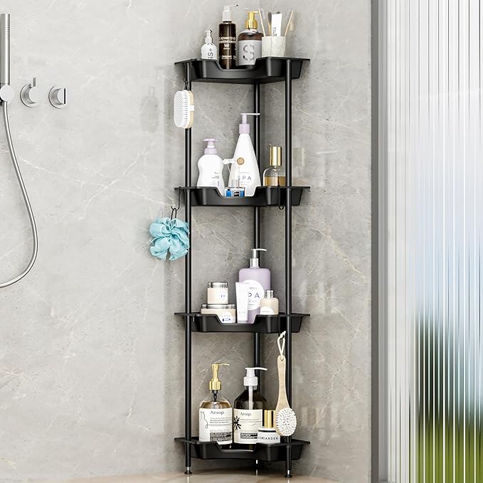SWTYMIKI Corner Shower Caddy Standing - 4 Tier Floor Standing Shower Organizer with 4 Hooks, Plastic & Stainless Steel Waterproof Corner Stand Shower Shelf Storage Rack for Bathroom, Bathtub, Black