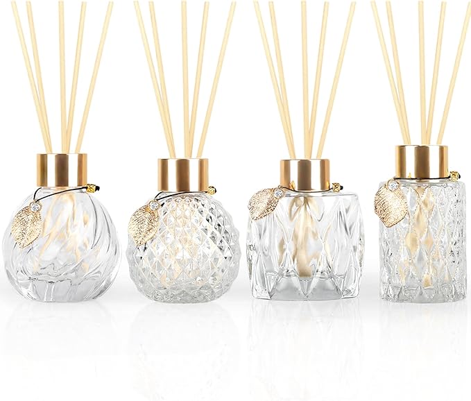 4-Piece Reed Diffuser Set with Metal Golden Decoration, 3.5-4.2oz Empty Bottles and 20 Reed Sticks, Unique Design for Home and Office (4 Different Bottles)