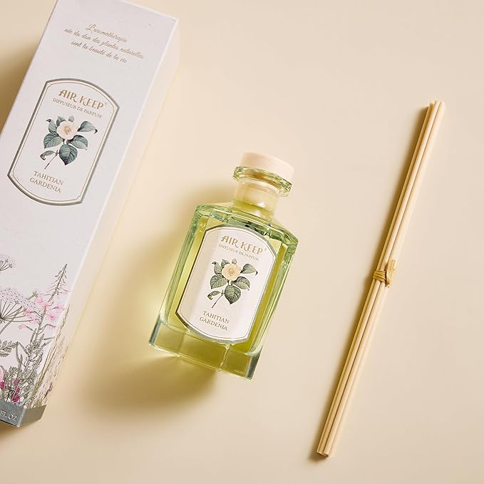 Airkeep Reed Diffuser Set-6.09 oz (180ml) Tahitian Gardenia Jasmine Scented Diffuser with 8 Reed Sticks Home Fragrance Oil Diffuser for Bathroom Shelf Decor