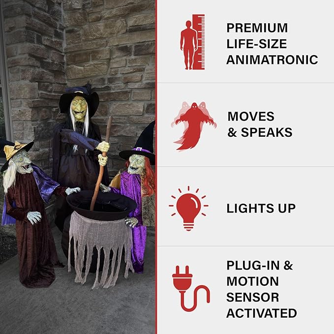 Haunted Hill Farm Motion-Activated Wicked Sitchwick Sisters, Plug-in Talking Scare Halloween Animatronics for Indoor or Covered Outdoor Display, Creepy and Modern Fright Props for Home