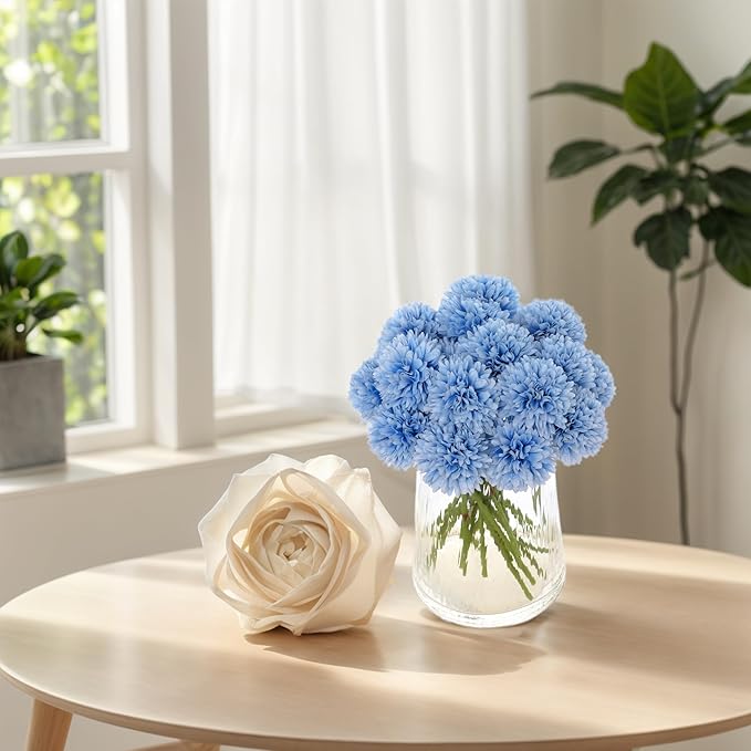 Kimura's Cabin 20Pcs Blue Fake Silk Chrysanthemum Artificial Ball Flowers Faux Mums Flowers Wedding Arrangements Decor Bouquets Home Festival Table DIY Decoration Center (Blue)