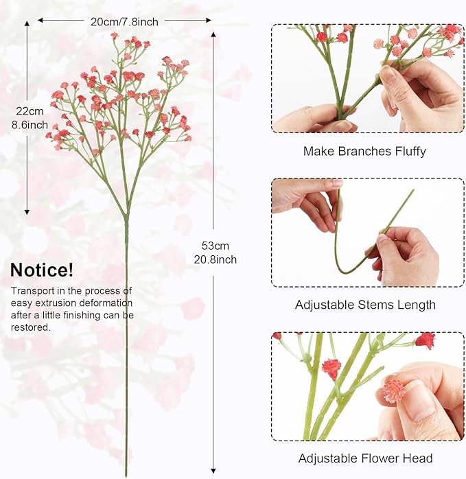N&T NIETING Babys Breath Artificial Flowers Bulk, 15Pcs Fake Gypsophila Bouquet Flowers Real Touch Faux Babies Breath Arrangement for Wedding Floral Party Home Centerpieces Vase Decoration, Pink White