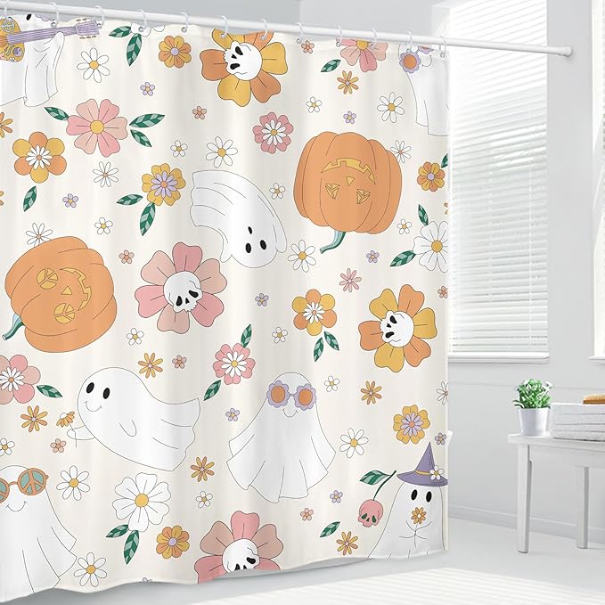 Halloween 70s Skull Pumpkin Shower Curtain 60Wx72L Inch Cute Retro Ghost 60s Hippie Groovy Holiday Flower Bathroom Set Accessories Decor Polyester Waterproof with 12 Pack Hooks