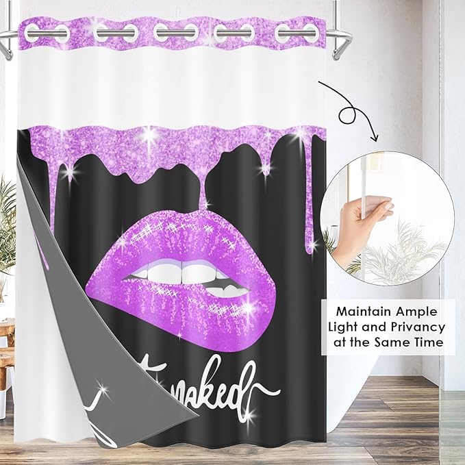 Purple Lips No Hook Shower Curtain with Snap in Liner, Diamond Glitter Get Naked Black Bath Curtain with Double Layers Waterproof Fabric and Mesh Top Window 71x74 Inch