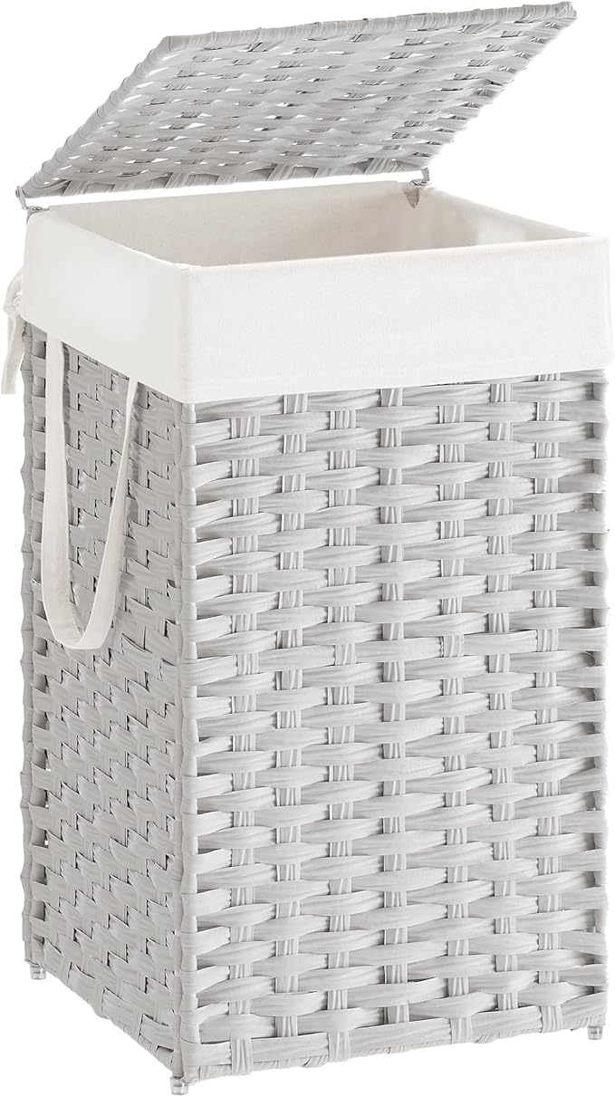 SONGMICS Laundry Hamper with Lid, 17.2 Gallon (65 L) Synthetic Rattan Clothes Laundry Basket with Lid and Handles, Foldable, Removable Liner, Cloud White ULCB165W01