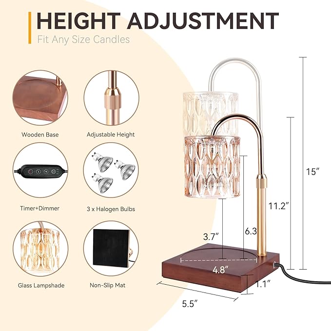 Candle Warmer Lamp with 3 Bulbs, Adjustable Height Dimmable Candle Warmer with Timer, Compatible with Large Jar Candles, Candle Lamp with Charming Gift Box Ribbon for Her/Him(Walnut)