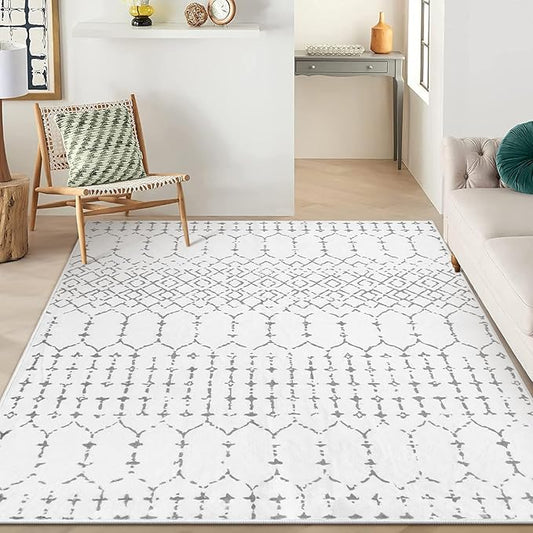 Lahome Moroccan Living Room Area Rug - Washable Rugs 5x7 Non-Slip Soft Throw Rugs for Bedroom White Lightweight Large Rug, Modern Geometric Print Low-Pile Capet for Classroom Office Dining Room(White)