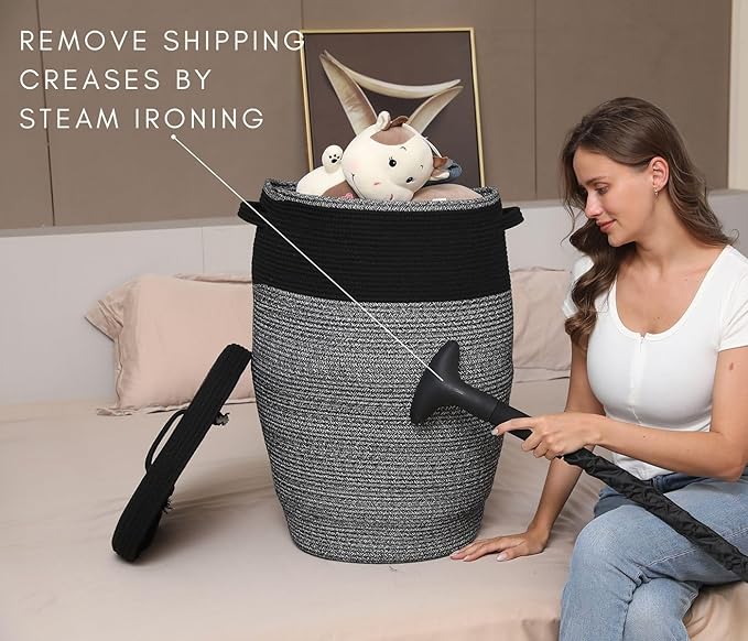 26" x 20" Tall Extra Large Storage Basket with Lid, Cotton Rope Storage Baskets, Woven Laundry Hamper with Cover, for Clothes Blanket in Living Room, Black in Black Light Grey Mix