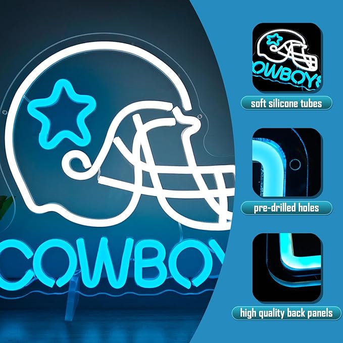 Cowboy Football Neon Sign for Wall Decor Dimmable sports Team Helmet Led Signs Cowboys Neon Light Signs for Man Cave Light Up Signs for Bedroom Boys Home Bar Club Party Gifts