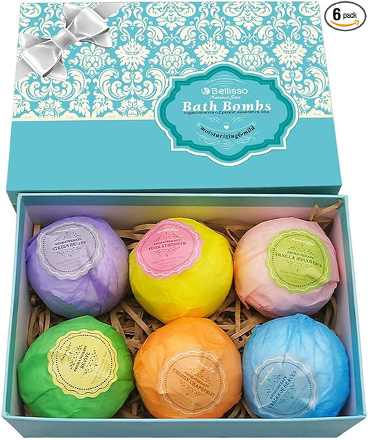 Bath Bombs Gift Set - 6 XXL Bubble Bath Fizzies (4.1 oz Each) with Natural Dead Sea Salt Cocoa and Shea Essential Oils - Best Gift Idea for Birthday, Mom, Woman, Girl, Him, Kids