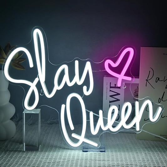 Slay Queen Neon Sign White Led Neon Signs Preppy Room Neon Lights For Wall Decor Dimmable Light Up Sign For Bedroom Bar Party Y2k Club Dorm Decoration Girls Gifts (15.7 * 12.6in)