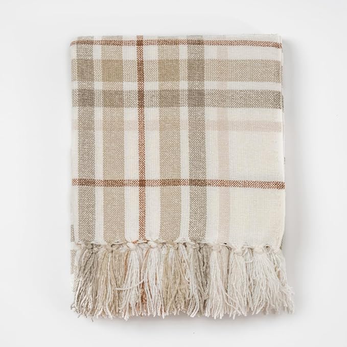 EVERGRACE Plaid Chenille Throw Blanket for Couch, Super Soft Cozy Decorative Farmhouse Plaid Throw with Tassels, Lightweight Chenille Knit Throw for Bed Sofa Gift Home Decor, Beige 60”x80”