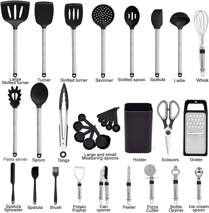 Kitchen Utensil Set-Silicone Cooking Utensils-33 Kitchen Gadgets & Spoons for Nonstick Cookware-Silicone and Stainless Steel Spatula Set-Best Kitchen Tools, Useful Pots and Pans Accessories