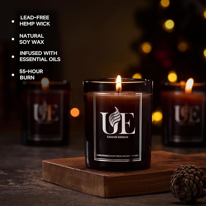 4 Pack Scented Aromatherapy Candles Gifts Set, 32 oz 220 Hour Long Lasting Candles for Home Scented, Amber Wood/Oud Vanilla/Wood Leather/Eucalyptus Mint