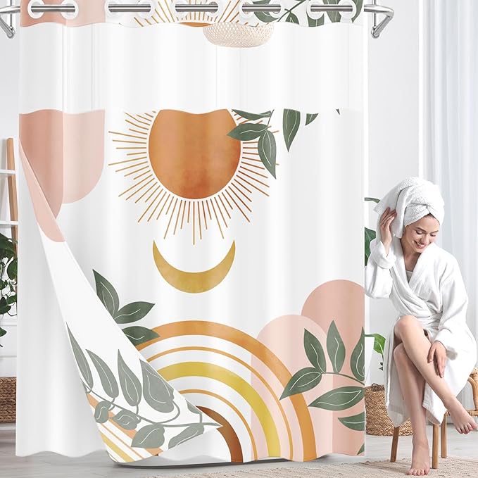 Boho Mid Century No Hook Shower Curtain with Snap in Liner, Sun Moon Leaves Orange Bath Curtain with Double Layers Waterproof Fabric and Mesh Top Window 71x74 Inch