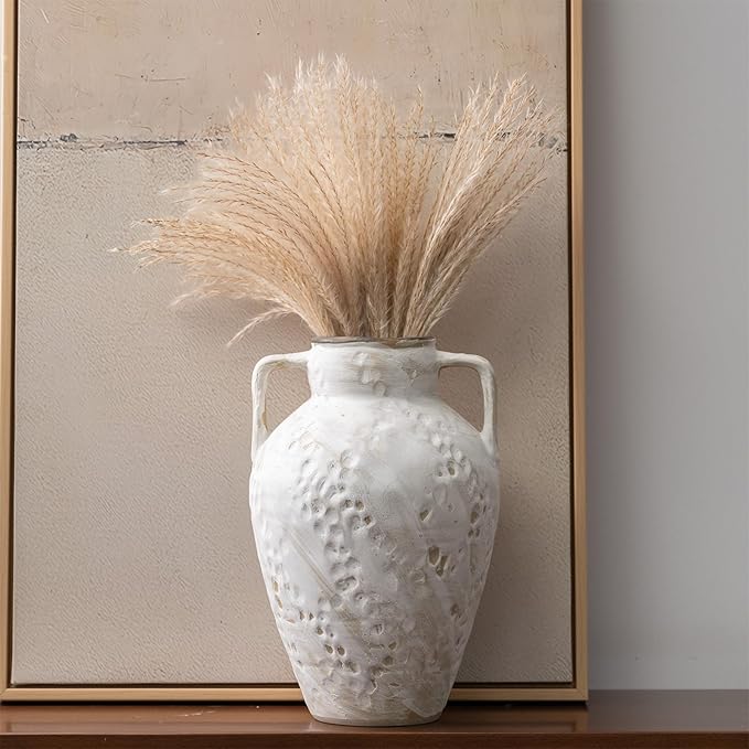 White Ceramic Rustic Vase with 2 Handles,10'' Vintage Farmhouse Stoneware Clay Flower Vase, Boho Pottery Terracotta Handmade Decorative for Home Living Room Kitchen