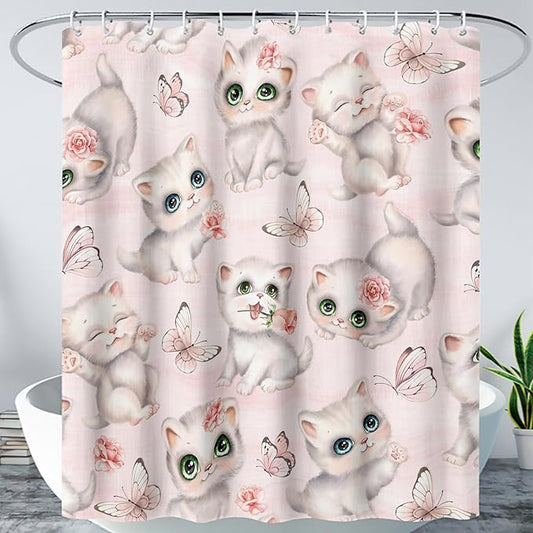 AILONEN Cat Kids Shower Curtain 72" W*96" H for Girls Teen,Kawaii Cat Butterfly Bath Curtain,Girls Pink Shower Curtain,Cat Lover Bathroom Curtain Decor Polyester Waterproof Curtain with 12 Hooks