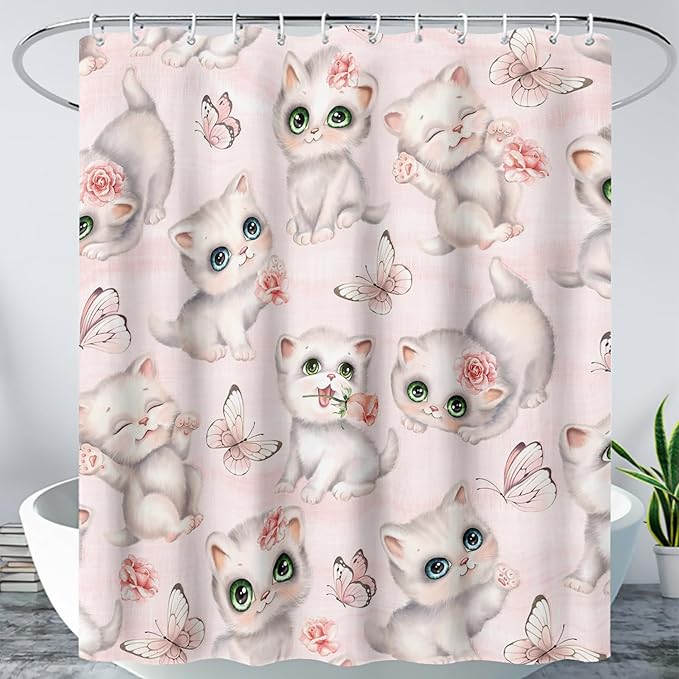 AILONEN Cat Kids Shower Curtain 36" W*72" H for Girls Teen,Kawaii Cat Butterfly Bath Curtain,Girls Pink Shower Curtain,Cat Lover Bathroom Curtain Decor Polyester Waterproof Curtain with 12 Hooks