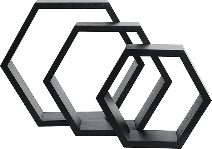 PHOENANCEE Hexagon Floating Shelves,Honeycomb Shelves Set of 3,Wall Mounted Wood Farmhouse Hexagonal Storage Wall Shelf for Bathroom, Kitchen, Bedroom, Living Room
