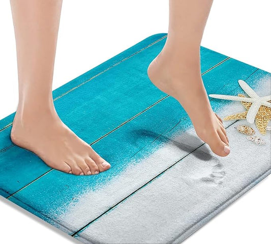 Britimes Bath Mat for Bathroom, Beach Starfish Sea Washable Cover Floor Rug Carpets Floor Mat Bathroom Decorations 18x30 Inches for Kitchen Bedroom Indoor