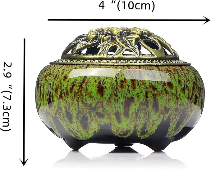 Incense Burner with Calabash Incense Stick Holder - Porcelain Charcoal Censer for Use with Resin Granular Powder Cone or Coil Incense (Kiln-Colored Green)