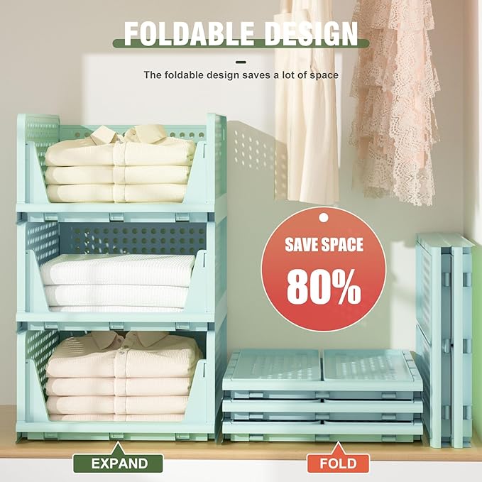 Neprock Closet Organizers - 5 Pack Folding Plastic Drawer Storage for Clothes, Stackable Bins for Closet, Cupboard, RV Bathroom (5L Green)