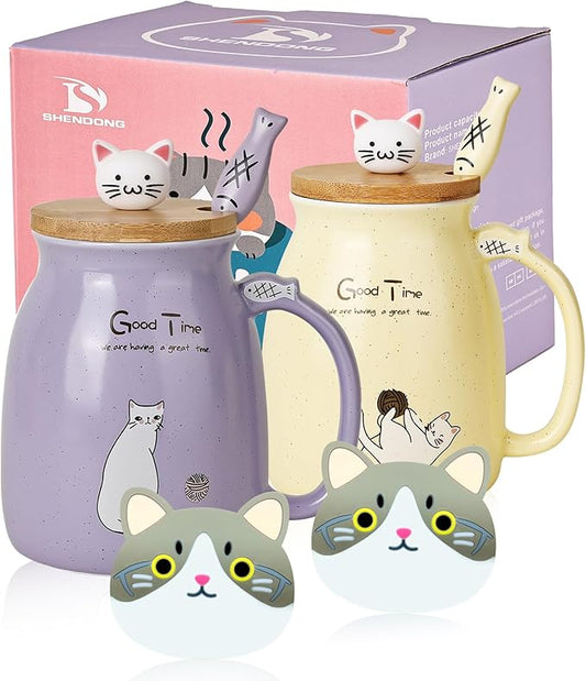 SHENDONG 2 Pack Cute Ceramic Coffee Cups Set of 2 with Kawaii Bamboo Lid and Spoon Novelty Morning Cup Coffee Milk Tea Mugs - 3D Animal Cat Mugs for Cat Lovers Women Gifts (Purple and Yellow)