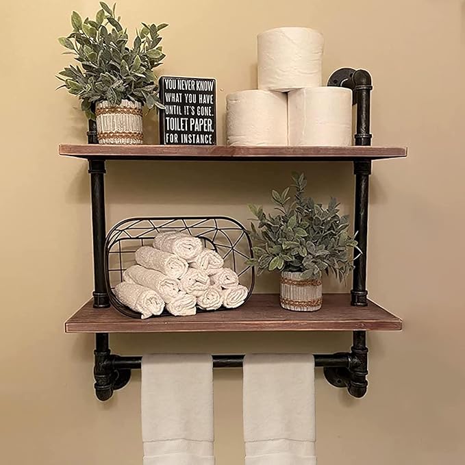 Industrial Pipe Shelving,Iron Pipe Shelves Bathroom Shelves with Towel bar,24in Rustic Metal Pipe Floating Pipe Wall Shelf,2 Tier Industrial Wall Mounted,Retro Brown
