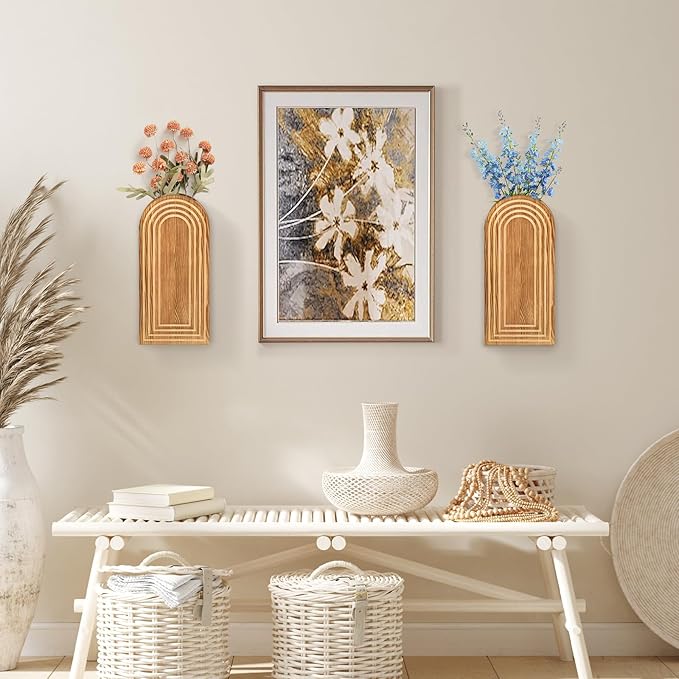2 Pack Wall Decor Wood Planters for Indoor Plants, Modern Planter Bathroom, Living Room, Kitchen Decor, Farmhouse Vase Dried Flowers and Faux Greenery(Rustic Brown)