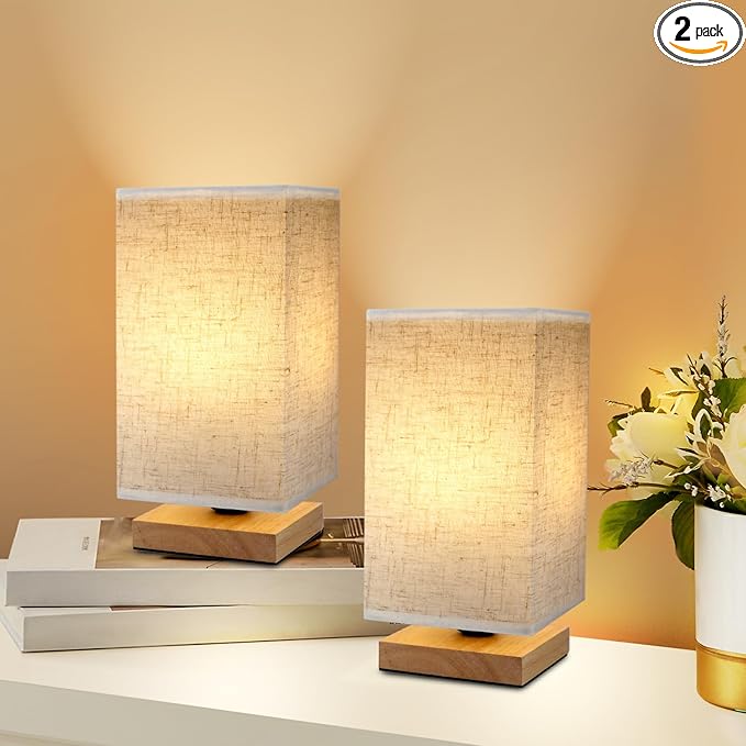 Small Square Bedside Table Lamp for Bedroom set of 2,Minimalist Wood Base & Round Fabric Shade,Mini Cute Cozy Warm Nightstand Boho Lamp, Study Desk Night Stand Light for Room,Dorm,Nursery,Living Room