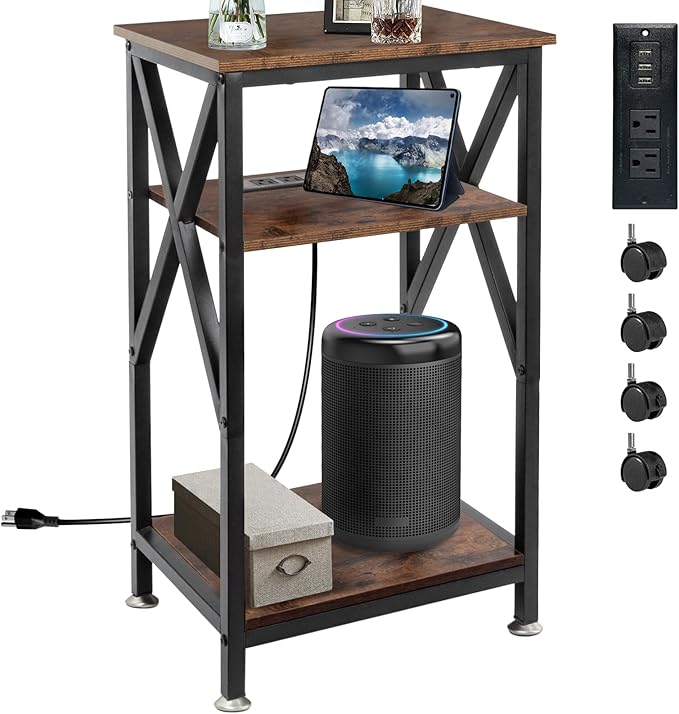 TooCust 3 Tier End Table with Charging Station, 16" W x 12" D x 28" H, Metal and Brown Bedside Table with USB Ports and Outlets, X-Shaped Side Table with Wheels for Living Room, Bedroom, Kitchen