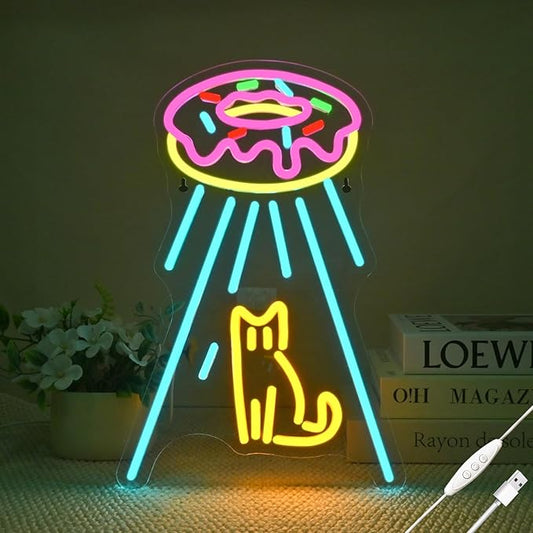 Donut UFO Cat Neon Sign, Dimmable, USB Powered, 5V/2A, 16.5"x10.6" Neon Light for Wall Decor, Donut Shop, Cat Lover, Donut Lover, Kids, Classroom, Bedroom, Cafe, UFO Fans