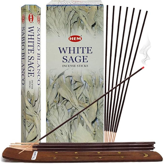 Trumiri Incense Stick Holder Bundle with Hem White Sage 20g Incense Sticks - Pack of 6 (Approx 120 Sticks)