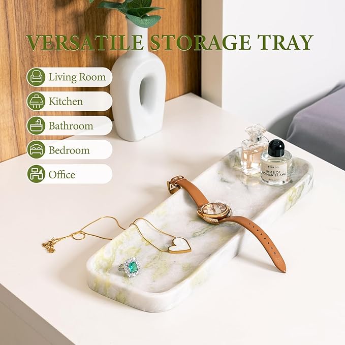 Koville Marble Tray for Bathroom Sink, 12"x4" Natural Stone Vanity Tray for Kitchen Dresser Countertop, Rectangular Decorative Marble Trays for Jewelry Perfume Trinket(Bianco Palomino)