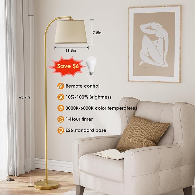 Arc Floor Lamps for Living Room, Modern Floor Lamp with Remote Control and Stepless Dimmable 9W Bulb Included, Gold Tall Standing Lamp with Adjustable Linen Shade for Bedroom Office