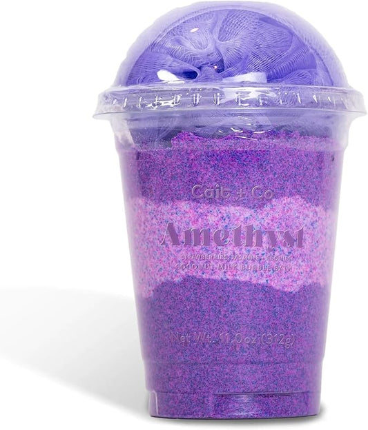 Plant Based Bubble Bath with Mesh Shower Loofah, Coconut Milk Recipe, Strawberry and Jasmine Scent, Amethyst