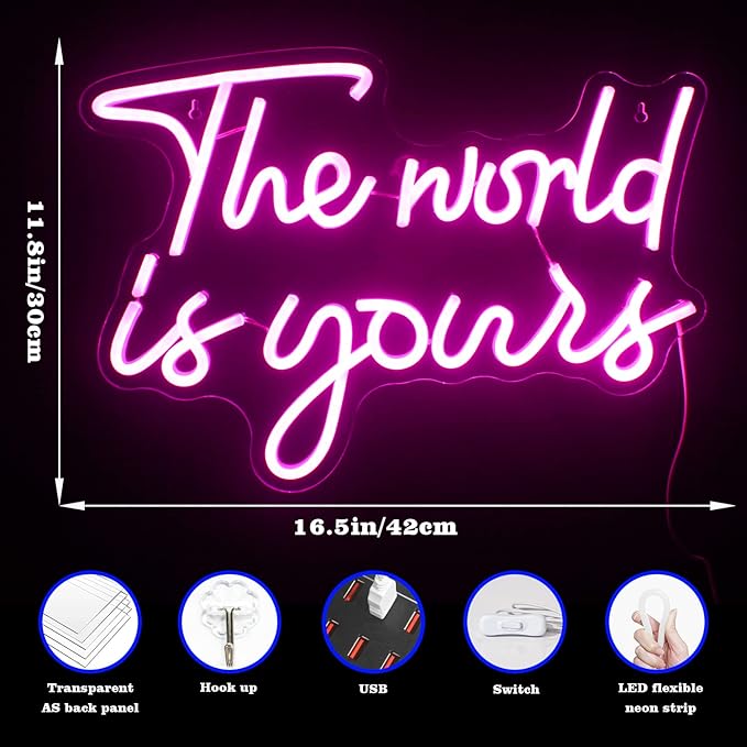 Lucunstar The World Is Yours Neon Sign - Pink Led Neon Light for Wall Decor, USB Powered Sign for Wedding, Engagement, Bedroom